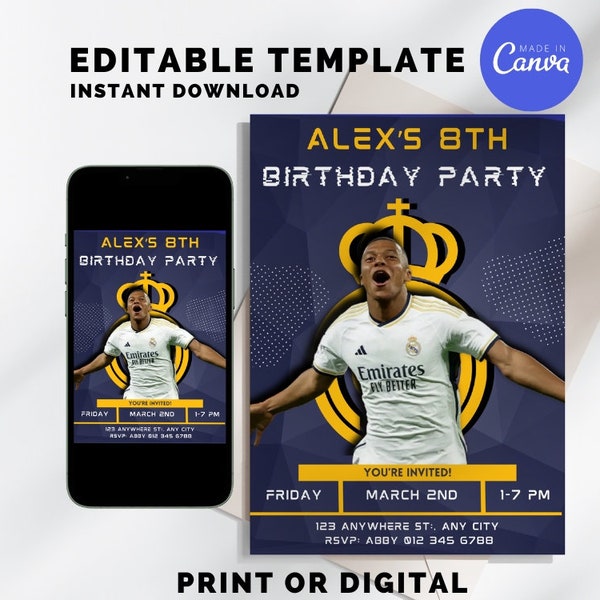 Mbappé Real Madrid Birthday Invitation - Mbappé Birthday Invite - Soccer Birthday - Football Birthday - Canva Template - Instant Download