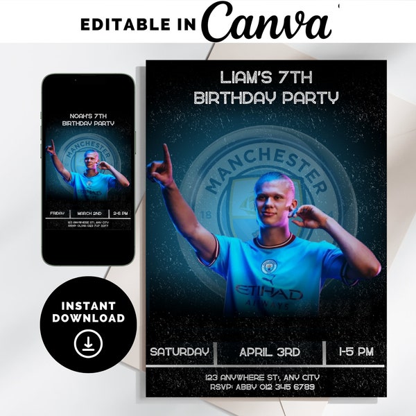 Haaland Birthday Invitation - Manchester City Birthday Invitation - Soccer Birthday Invite - Football Birthday Invite - Editable Invitation