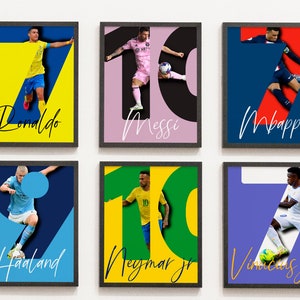 Set Of 6 Prints Messi Neymar Mbappe Ronaldo Vinicius Haaland Poster, Instant Download, Soccer Wall Art, Birthday Gift, Soccer Posters