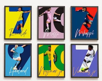 Set van 6 prenten Messi Neymar Mbappe Ronaldo Vinicius Haaland poster, instant download, voetbal kunst aan de muur, verjaardagscadeau, voetbalposters