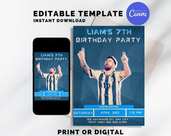 Invitación de cumpleaños de Messi Argentina - Invitación de cumpleaños de Messi - Cumpleaños de fútbol - Cumpleaños de fútbol - Plantilla Canva - Descarga instantánea