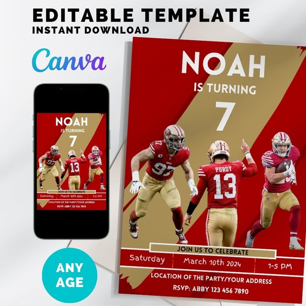 49ers Themed Football Invitation, San Francisco 49ers, Football Birthday Party Invitation, Instant Download, Canva Template, ANY AGE
