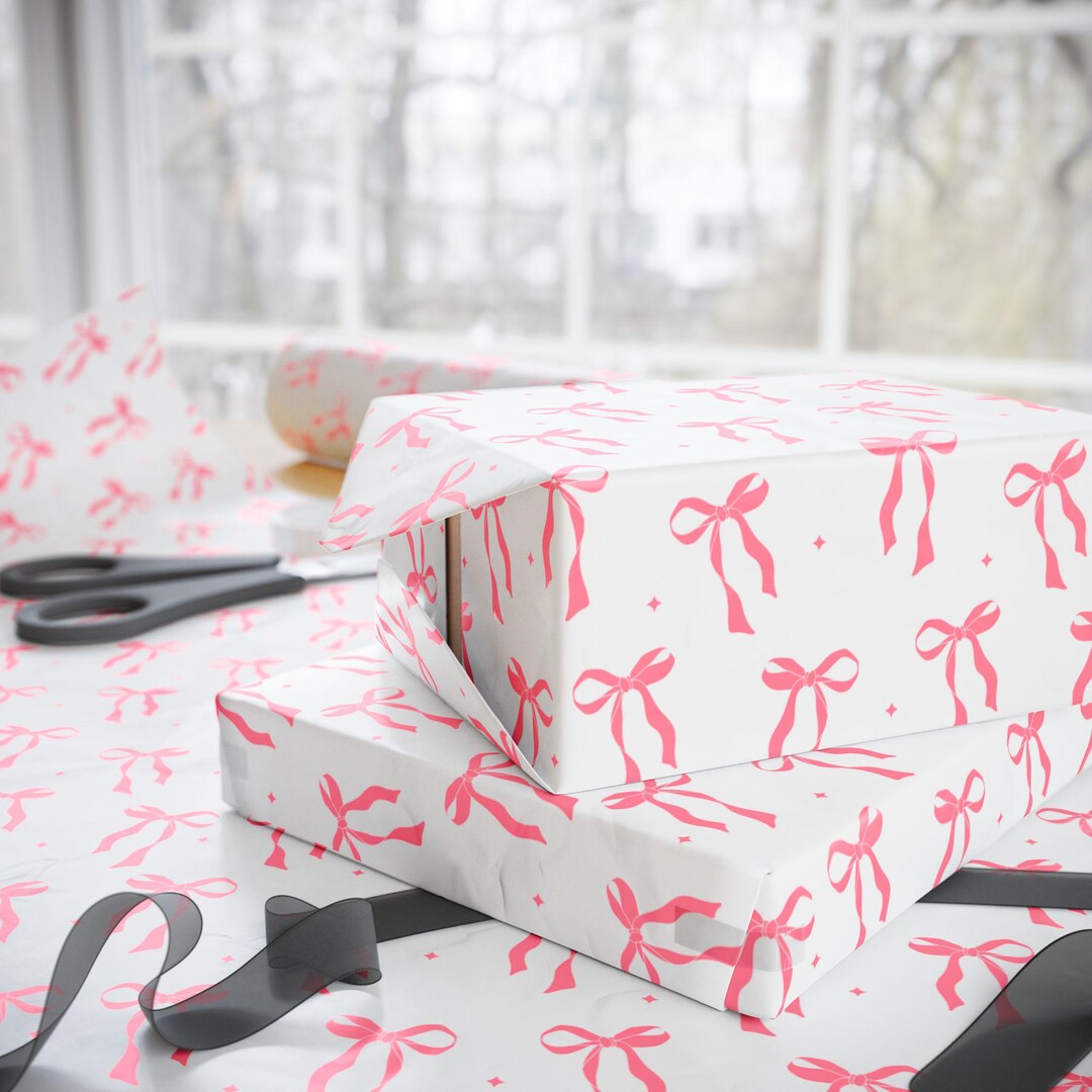 Bow Wrapping Paper, Girly Preppy Pink Gift Wrap, Birthday Holiday ...