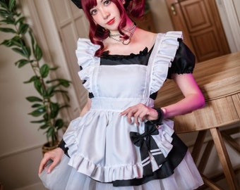 Französische Maid Kleid Kostüm mit Choker Fuchs Ohr Schwanz Party Kleid Französisch Maid Cosplay Kostüm Set von 8 Stück für Karneval Schwarz Weiß Rosa