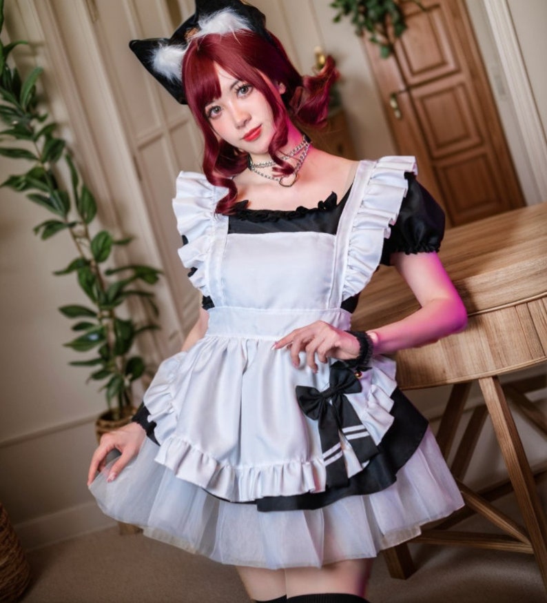 French Maid Dress Fancy Dress with Choker Fox Ear Tail Party Dress French Maid Cosplay Costume set of 8 pcs for Carnival Black White Pink image 1