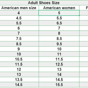 May include: A shoe size conversion chart for adults, displaying EU sizes, American men's and women's sizes, and foot length in centimeters. Sizes range from EU 36 (US men's 4, women's 5, 22.1 cm) to EU 50 (US men's 14.5, women's 15.5, 31 cm).
