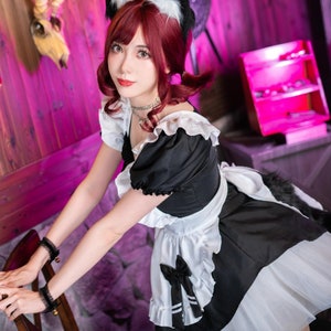 Französische Maid Kleid Kostüm mit Choker Fuchs Ohr Schwanz Party Kleid Französisch Maid Cosplay Kostüm Set von 8 Stück für Karneval Schwarz Weiß Rosa Bild 3