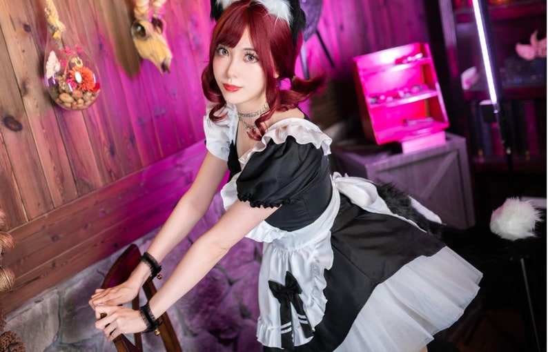 Französische Maid Kleid Kostüm mit Choker Fuchs Ohr Schwanz Party Kleid Französisch Maid Cosplay Kostüm Set von 8 Stück für Karneval Schwarz Weiß Rosa Bild 3