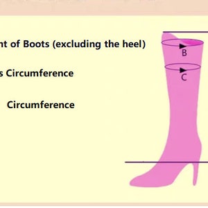 May include: Diagram showing how to measure the height, circumference of the boot, and calf circumference of a pink boot with a high heel.