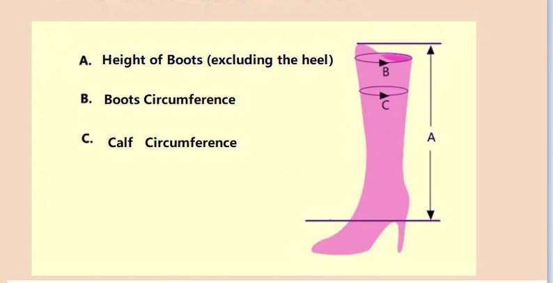 May include: Diagram showing how to measure the height, circumference of the boot, and calf circumference of a pink boot with a high heel.