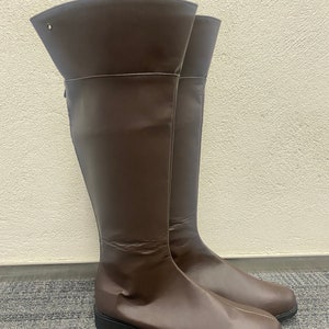 May include: A pair of brown leather knee-high boots with a pointed toe and a low heel.