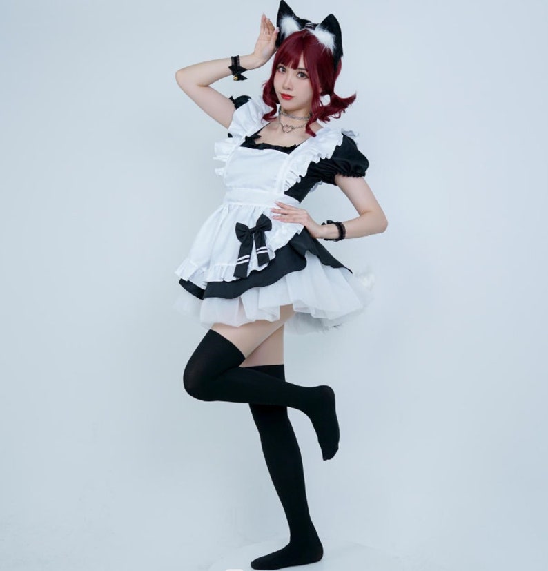 Französische Maid Kleid Kostüm mit Choker Fuchs Ohr Schwanz Party Kleid Französisch Maid Cosplay Kostüm Set von 8 Stück für Karneval Schwarz Weiß Rosa Bild 4