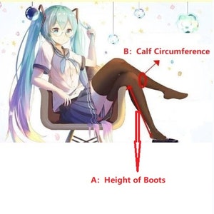 May include: Anime-style illustration of a character in a school uniform, seated in a chair. The image includes annotations for measuring boot height and calf circumference, with red arrows and text labels.