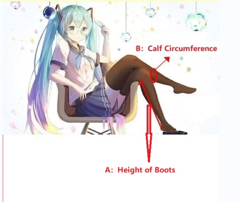May include: Anime-style illustration of a character in a school uniform, seated in a chair. The image includes annotations for measuring boot height and calf circumference, with red arrows and text labels.