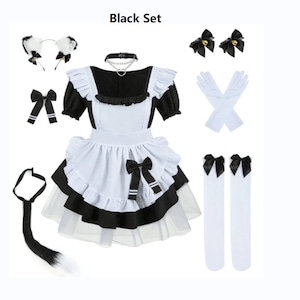 French Maid Dress Fancy Dress with Choker Fox Ear Tail Party Dress French Maid Cosplay Costume set of 8 pcs for Carnival Black White Pink Black and White