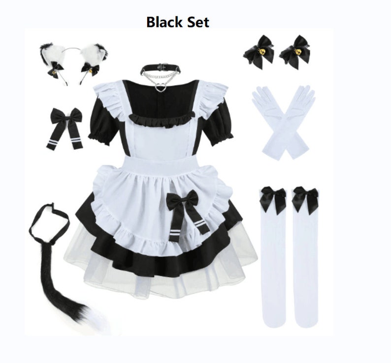 Französische Maid Kleid Kostüm mit Choker Fuchs Ohr Schwanz Party Kleid Französisch Maid Cosplay Kostüm Set von 8 Stück für Karneval Schwarz Weiß Rosa Black and White