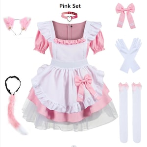 French Maid Dress Fancy Dress with Choker Fox Ear Tail Party Dress French Maid Cosplay Costume set of 8 pcs for Carnival Black White Pink Pink and White