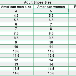 Puede incluir: Un gr&aacute;fico que muestra las tallas de zapatos para adultos en tallas europeas, americanas para hombres, americanas para mujeres y la longitud del pie en cent&iacute;metros.