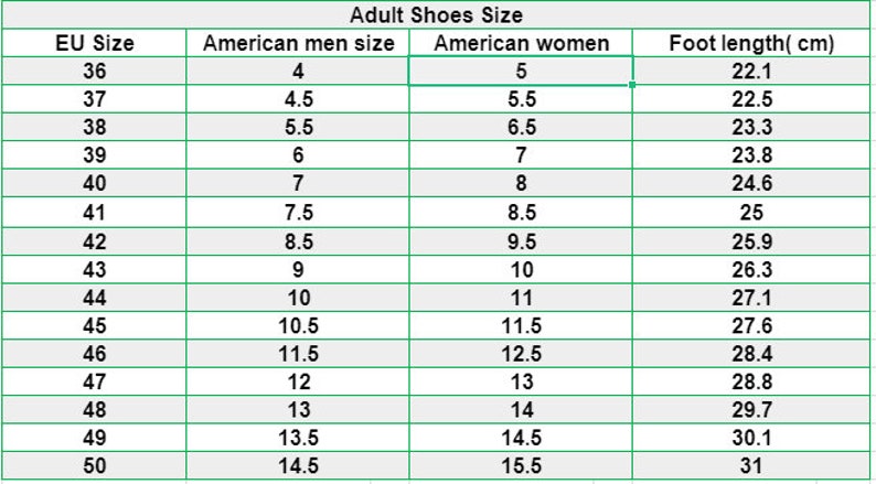 Puede incluir: Un gr&aacute;fico que muestra las tallas de zapatos para adultos en tallas europeas, americanas para hombres, americanas para mujeres y la longitud del pie en cent&iacute;metros.