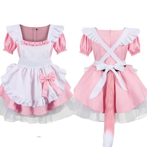 Französische Maid Kleid Kostüm mit Choker Fuchs Ohr Schwanz Party Kleid Französisch Maid Cosplay Kostüm Set von 8 Stück für Karneval Schwarz Weiß Rosa Bild 8