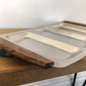 Mid-Century Stainless Steel Serving Platter with Teak Handles | Danish Modern Style Snack Tray
