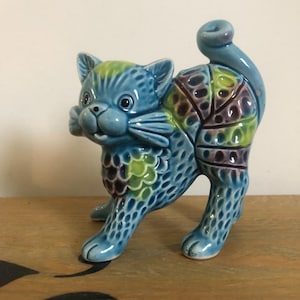 Sweet Characterful Blue Porcelain Cat Ornament