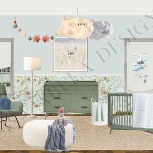 Guardería inspirada en Bambi - Tablero de diseño/Tablero de muestra + Lista de compras - Guía de interiores prediseñada - Marrón, Verde, Azul
