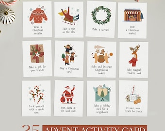 May include: A set of 12 illustrated Christmas activity cards with a red and white candy cane border. Each card features a different Christmas activity, such as wearing a Christmas sweater, taking a ride on a sled, making a wreath, visiting a Christmas market, making a gift for a teacher, singing a Christmas carol, baking and decorating gingerbread cookies, making magical reindeer food, treating yourself with a candy cane, visiting Santa at the local mall, making a holiday card for a neighbor, and preparing treats for Santa.