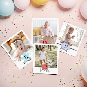 Modèle modifiable de photos marquantes de la première année de bébé | Photo Polaroid de première année | Personnalisez vos cartes photo pour bébé | Ma 1ère année