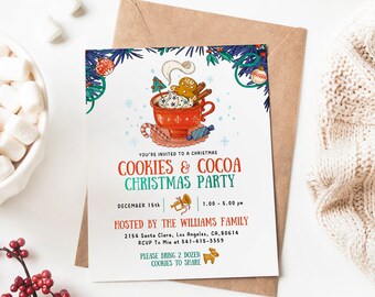 May include: A Christmas party invitation with a festive illustration of a mug of hot cocoa with marshmallows, candy canes, and gingerbread cookies. The text reads "You're invited to a Christmas Cookies & Cocoa Christmas Party" with the date and time of the party, the host's name, address, and phone number, and a request to bring cookies to share.