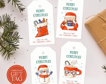May include: Four white gift tags with a red and white Christmas theme. Each tag features a different illustration: a stocking, Santa Claus, a snowman, and a mug of hot chocolate. The text on each tag reads "Merry Christmas!" and "With love from The Thompson's Family."