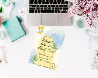 Lemon Summer Citrus Bridal Shower Editable Template Invitation for Main Squeeze and Garden Party Bridal Shower