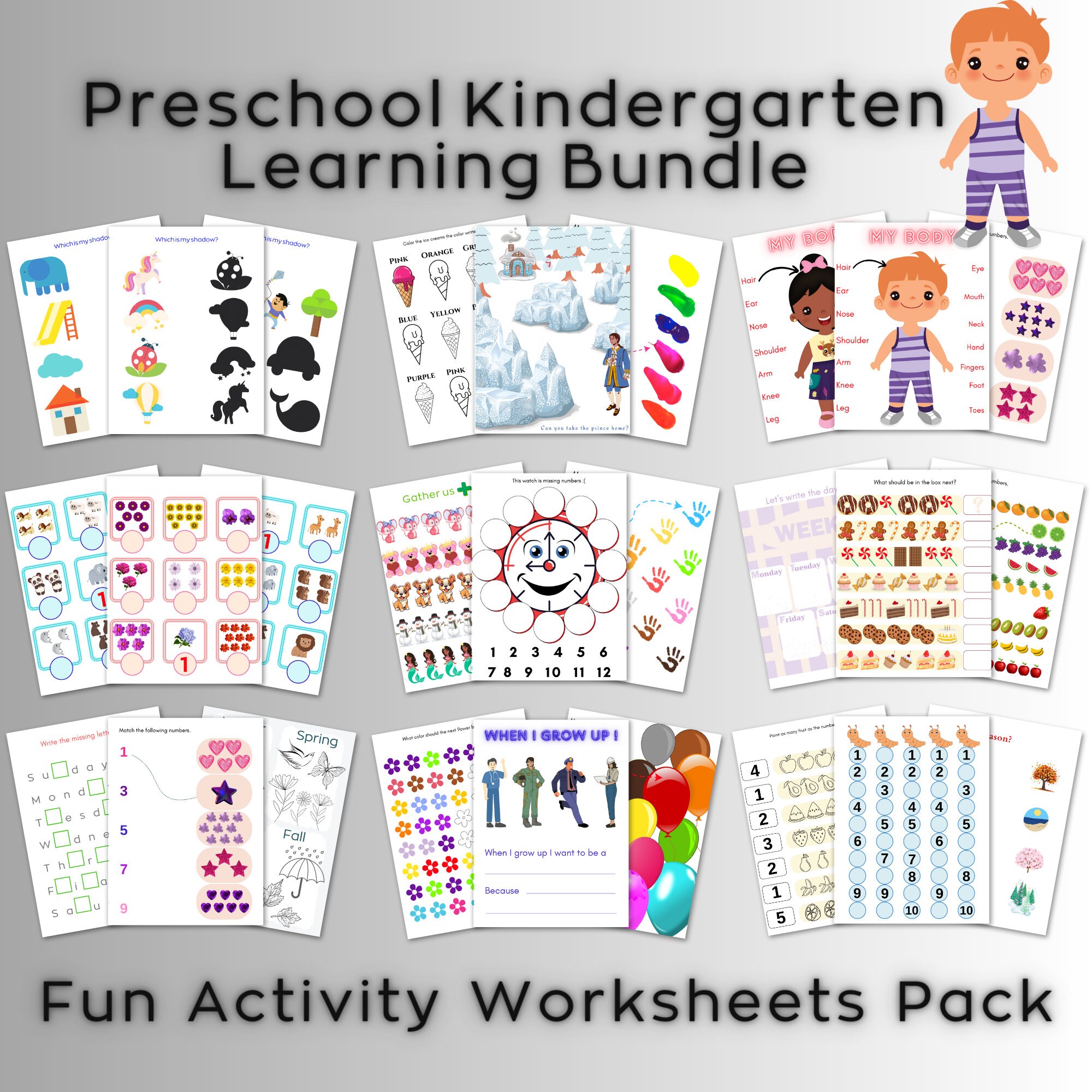 Preschool Kindergarten Learning Bundle, Printable Fun Activity Worksheets Pack, Alphabet ...