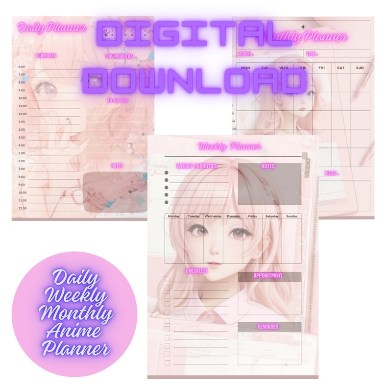 A5 A4 Size Anime Daily / Weekly / Monthly Planner Printable Organizer ...