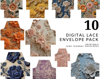 Printable Lace Envelopes Bundle, Downloadable Junk Journal Digital Writing Envelopes Pack of 10