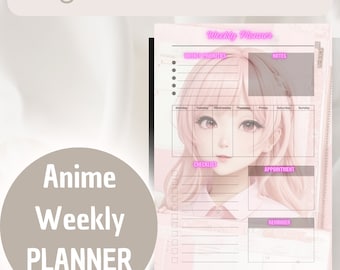 Pink Anime Weekly Planner 2024 - 2025, Pink Anime Girl Printable Weekly Organizer, + Plus with a Anime Checklist for gift. A5 | A4 size
