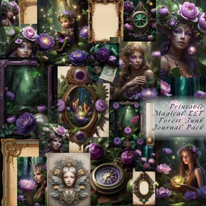 Images de l'univers parallèle, paquet de carnets pourpres fées et contes de fées, kit de papier imprimable pour journal de la jungle magique, éphémères de jardin
