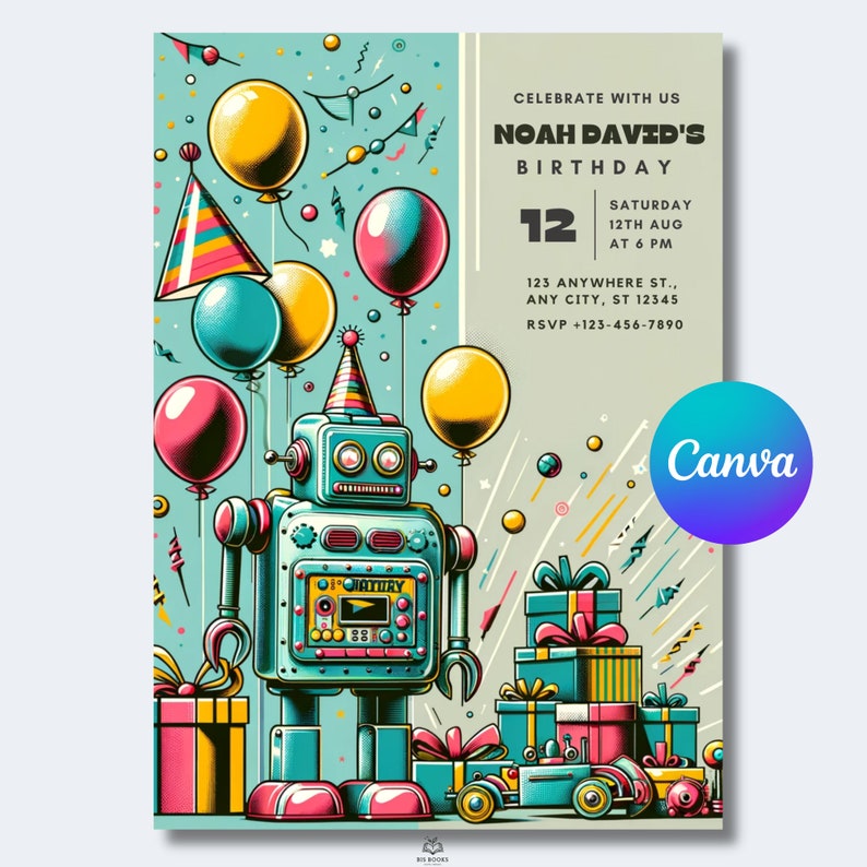Robot Birthday Invitation Template Customizable Kids Party Digital