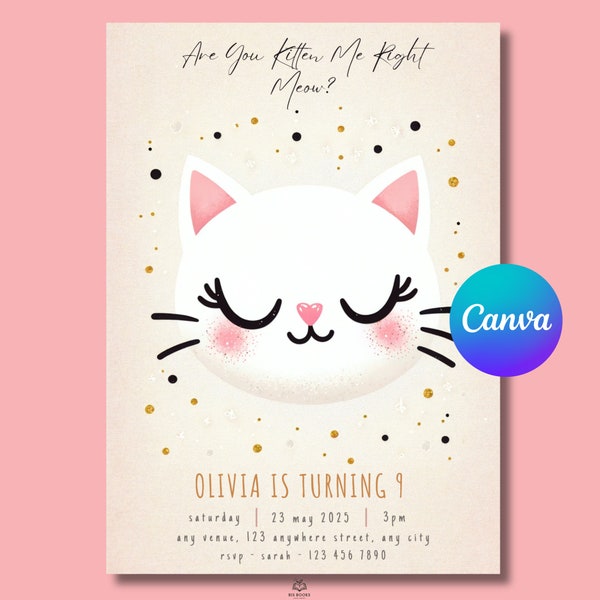 Cat Birthday Invitation, EDITABLE Purrfect Party Invite Template, Are You Kitten Me Right Meow, Cat Theme Party Invite, Kitty Invitation