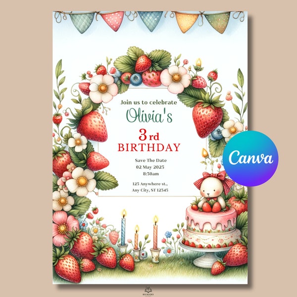 EDITABLE Strawberry 3rd Birthday Invitation Girl, 3 Birthday Invitation, Berry Birthday Invitation, Third Birthday Party Invite For Girls