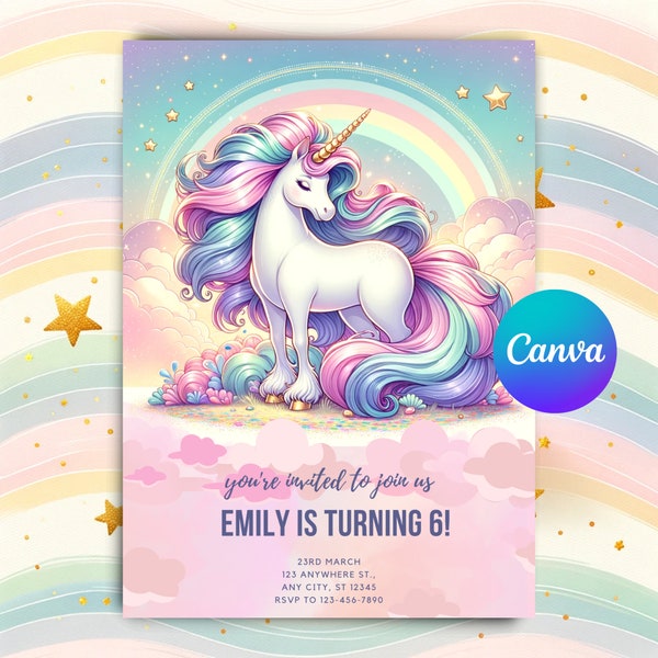Unicorn Birthday Invitation Editable Template Magical Rainbow, Girl Birthday Invite Party Whimsical Fairytale Unicorn Party Instant Download
