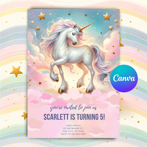 Unicorn Birthday Invitation, Unicorn Birthday Invite, Unicorn Party Invitation, Editable Invitation, Rainbow Unicorn Party, Magical Unicorn