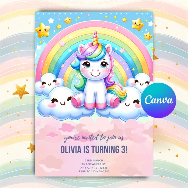 Unicorn Birthday Invitation Rainbow Unicorn Party Gold Glitter Pink Girl Magical Day Invites Digital Editable 1st Unicorn Birthday