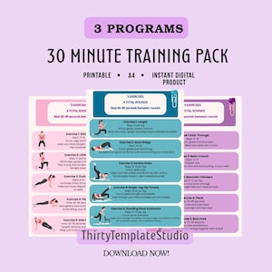 Puede incluir: Un plan de entrenamiento digital imprimible titulado "30 Minute Training Pack" con ilustraciones de ejercicios. El diseño rosa y turquesa incluye instrucciones de ejercicios, un temporizador y el texto "Download Now!"