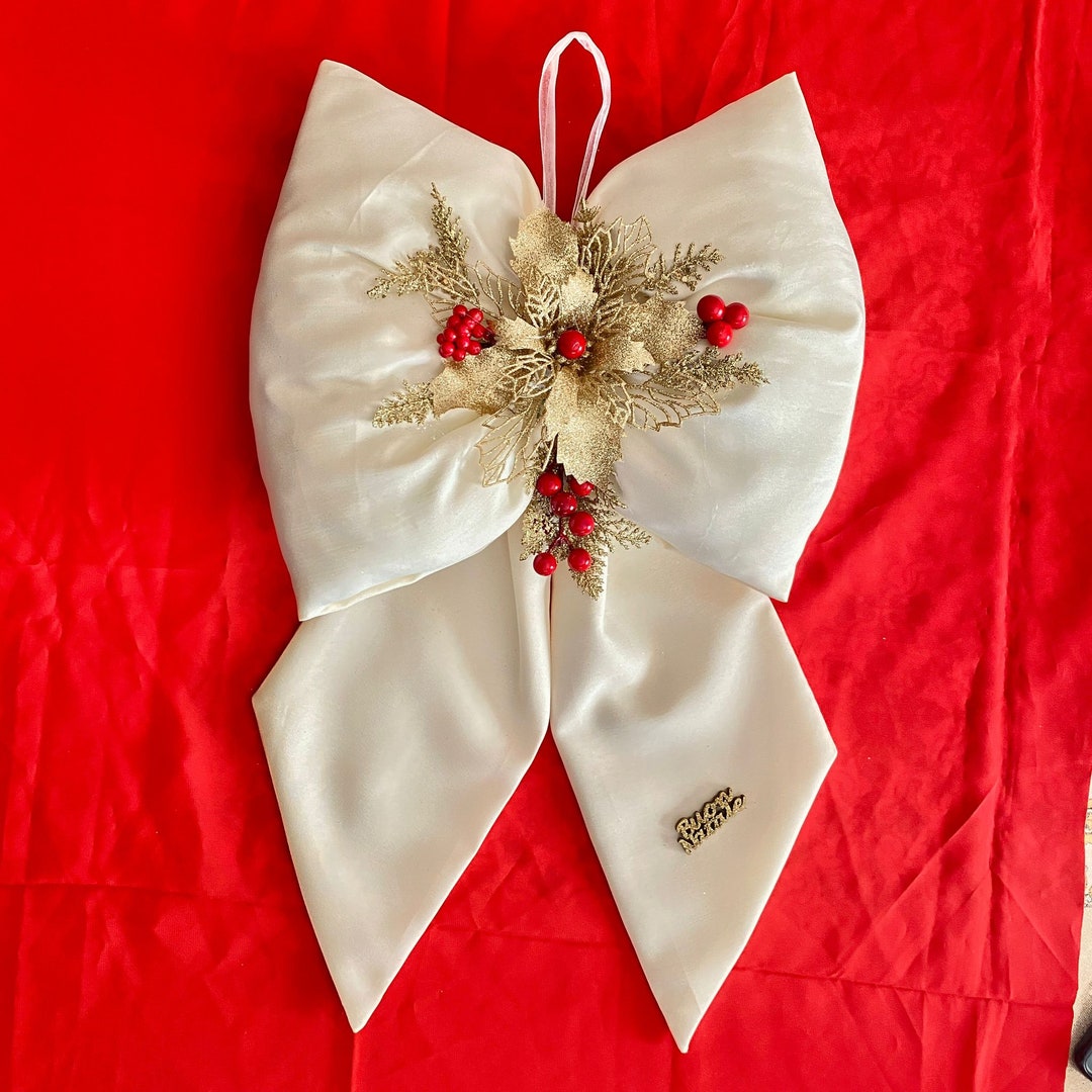 Creamy White Christmas Bow With Gold Floral Decorations and Etsy