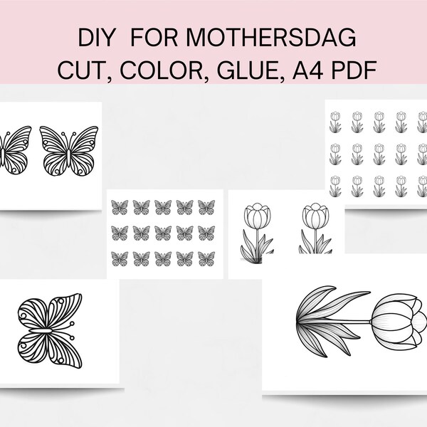 Muttertag Basteln und Malvorlagen. Schmetterlinge Tulips. PDF A4 Drucke. DIY Print, male, cut and decorate. Gaschenk or Kollage