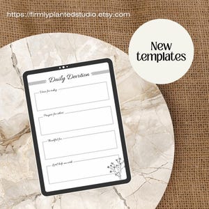 May include: A digital planner template for daily devotion with sections for verses, prayers, thankfulness, and requests for help. The template features a simple floral design.