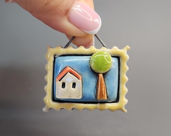 Mini Ceramic House Wall Hanging, Tiny Landscape Art, Handmade Pottery Home Decor, Ceramic Art, House & Tree Tile, Small Wall Hanging