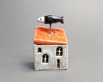 Dream Town House #38 – Tiny Ceramic Cottage, Mini House Decor, Handmade Collectible, Ceramic Village Figurine