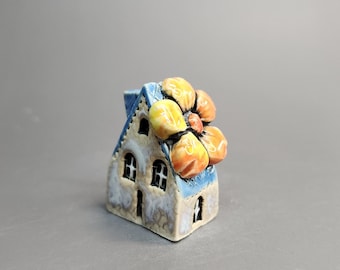 Dream Town House #39 – Tiny Ceramic Cottage, Mini House Decor, Handmade Collectible, Ceramic Village Figurine